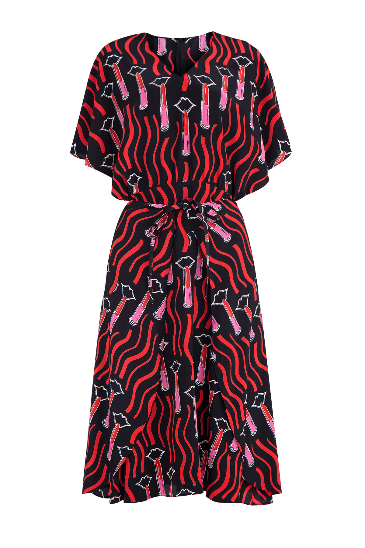 Шелковое платье с контрастным принтом Lipstick Waves и поясом VALENTINO, цвет мульти, размер 44 - фото 1