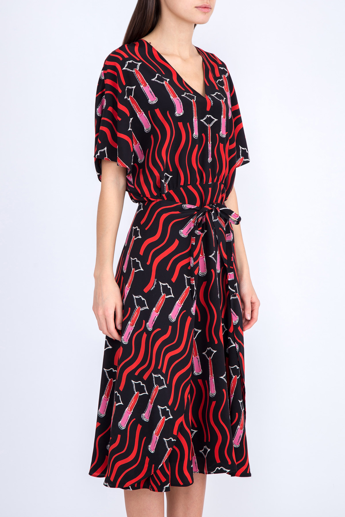 Шелковое платье с контрастным принтом Lipstick Waves и поясом VALENTINO, цвет мульти, размер 44 - фото 3