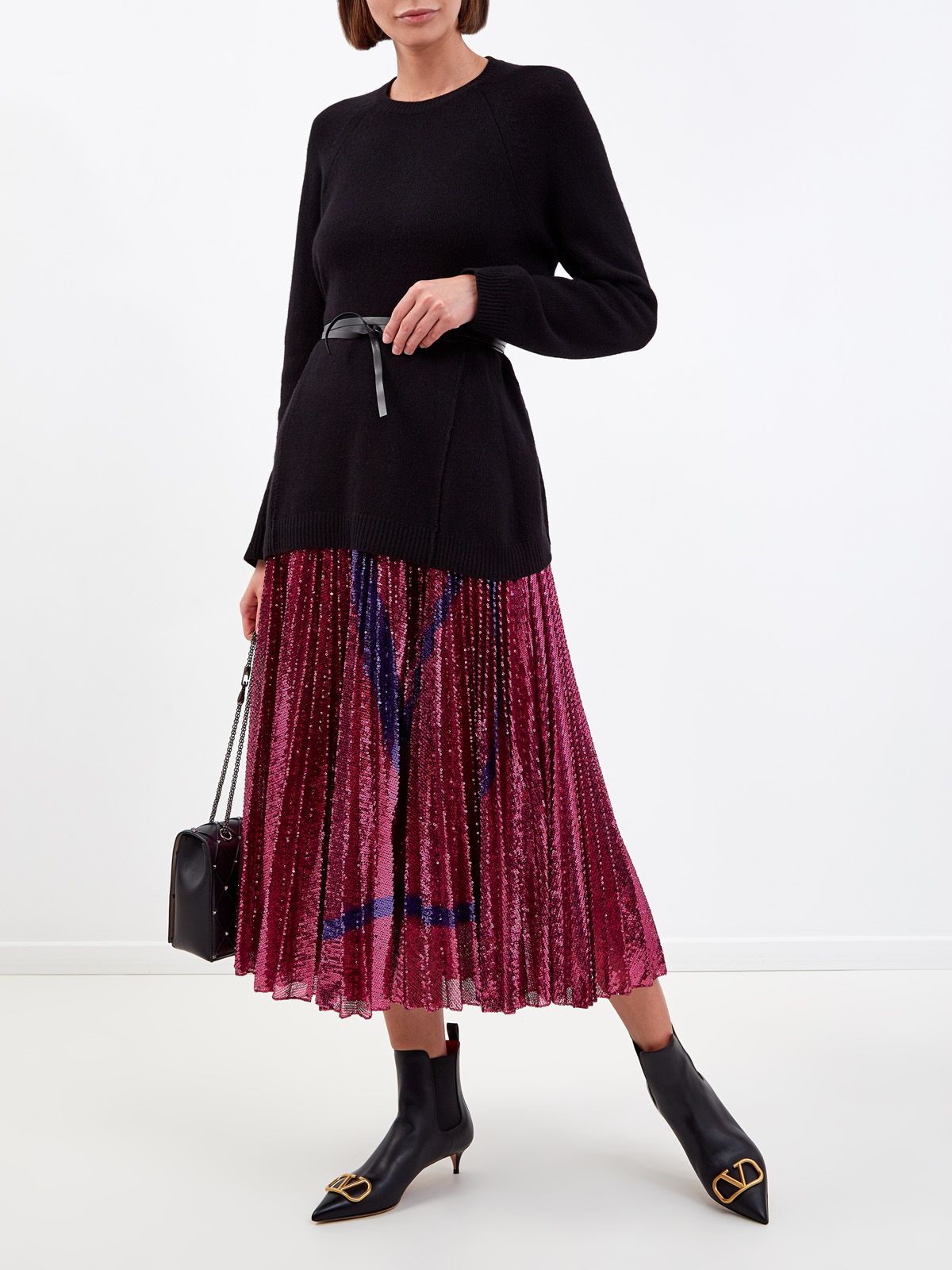 Пуловер из шерсти и кашемира с тонким поясом VALENTINO, цвет черный, размер 40;42;44 - фото 2