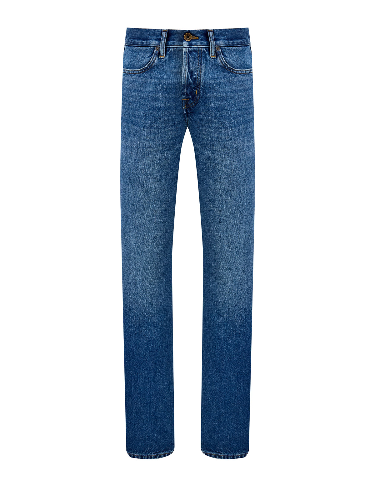 

Джинсы из окрашенного вручную денима с кожаным патчем, Синий, Джинсы из окрашенного вручную денима с кожаным патчем