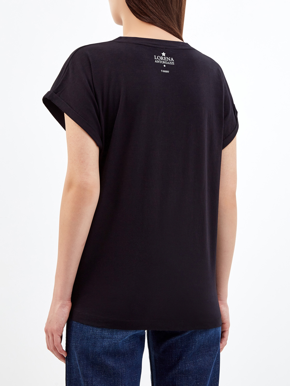 Черная футболка из хлопка джерси с символикой из кристаллов Swarovski LORENA ANTONIAZZI, цвет черный, размер 40;42;44;46 - фото 4