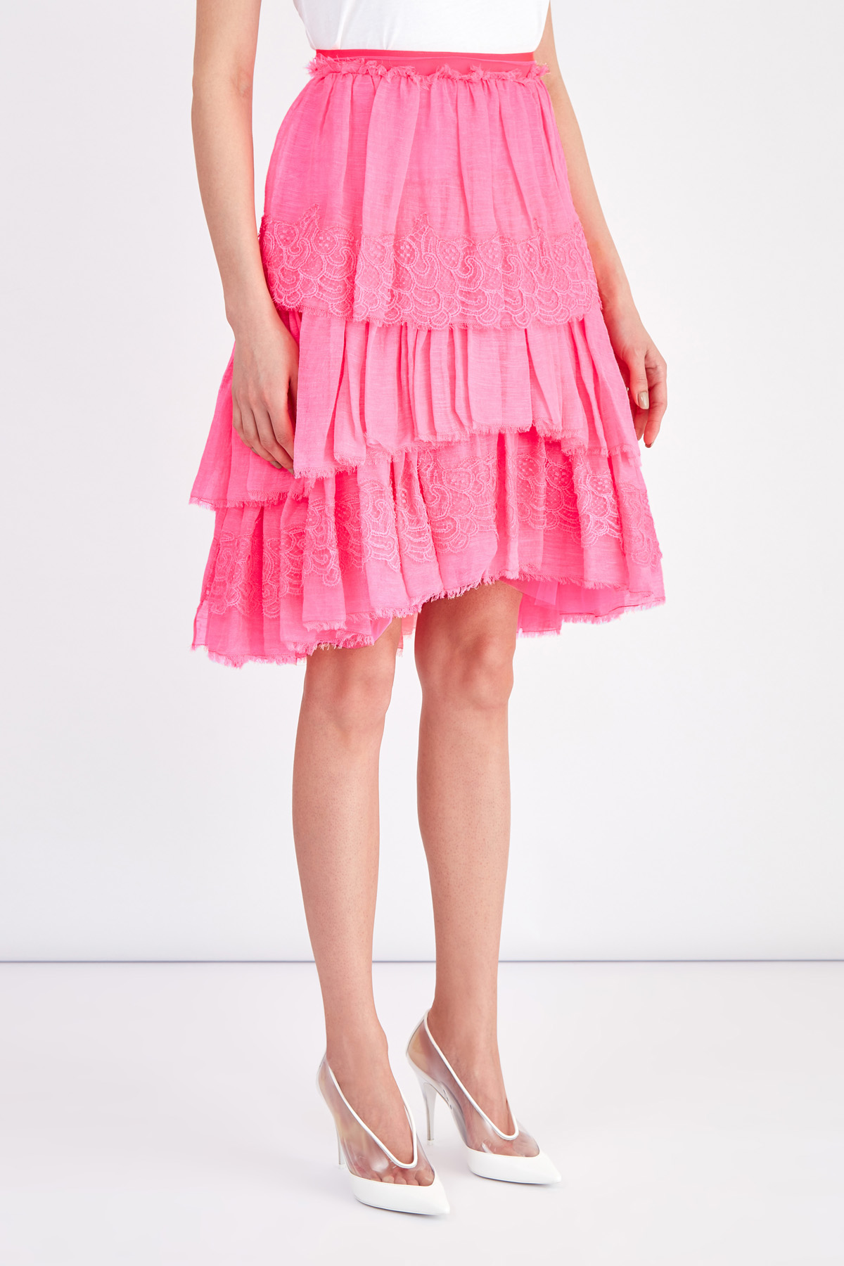 Ярусная юбка из хлопка и льна с отделкой кружевом ручной работы ERMANNO SCERVINO, цвет розовый, размер 40;42 - фото 3