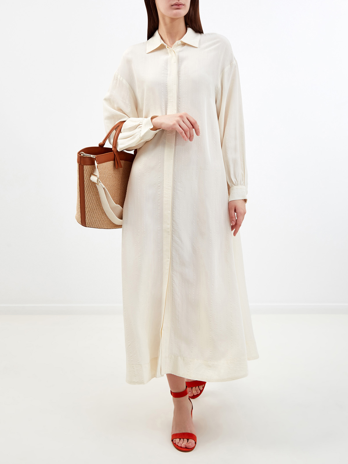 Кремовое платье-рубашка с отложным воротником и прострочкой RE VERA, цвет белый, размер M;XL;S - фото 2