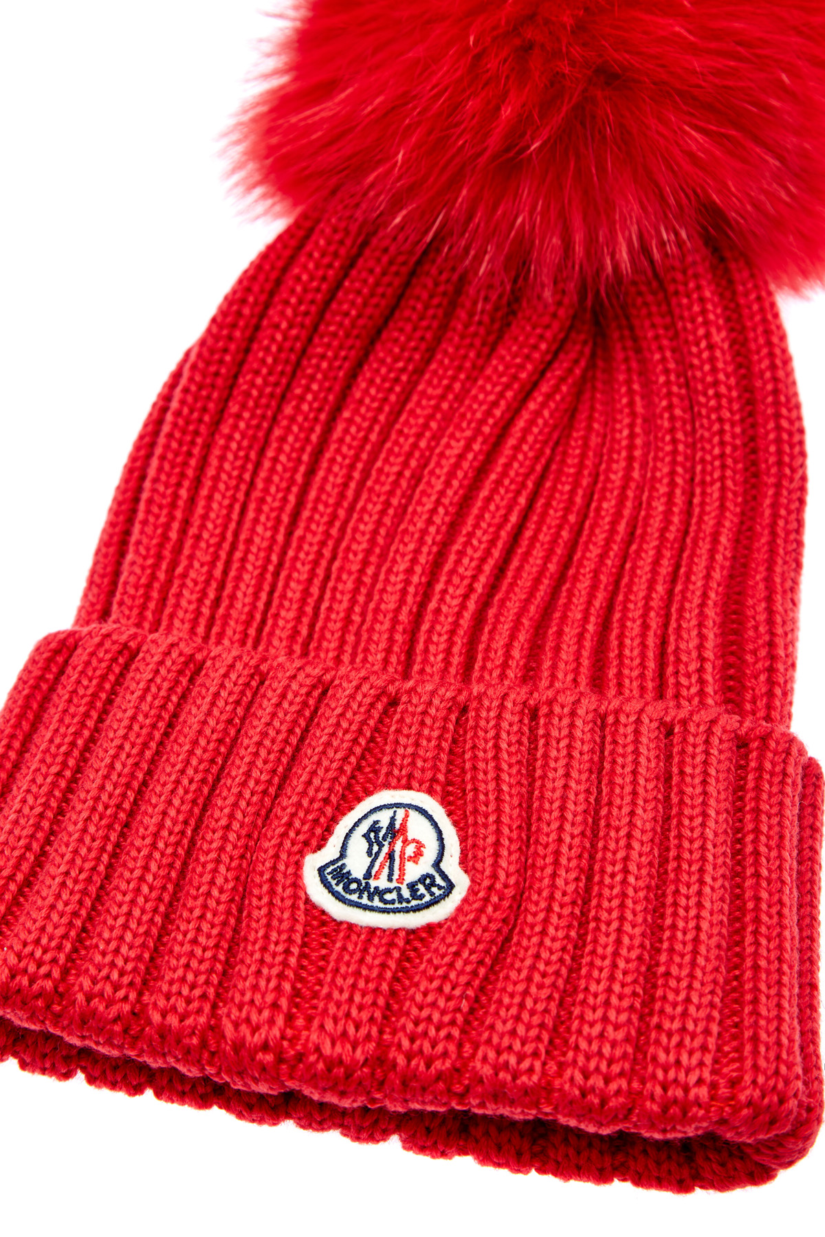 Шерстяная шапка с помпоном из меха в тон MONCLER, цвет красный, размер M - фото 4
