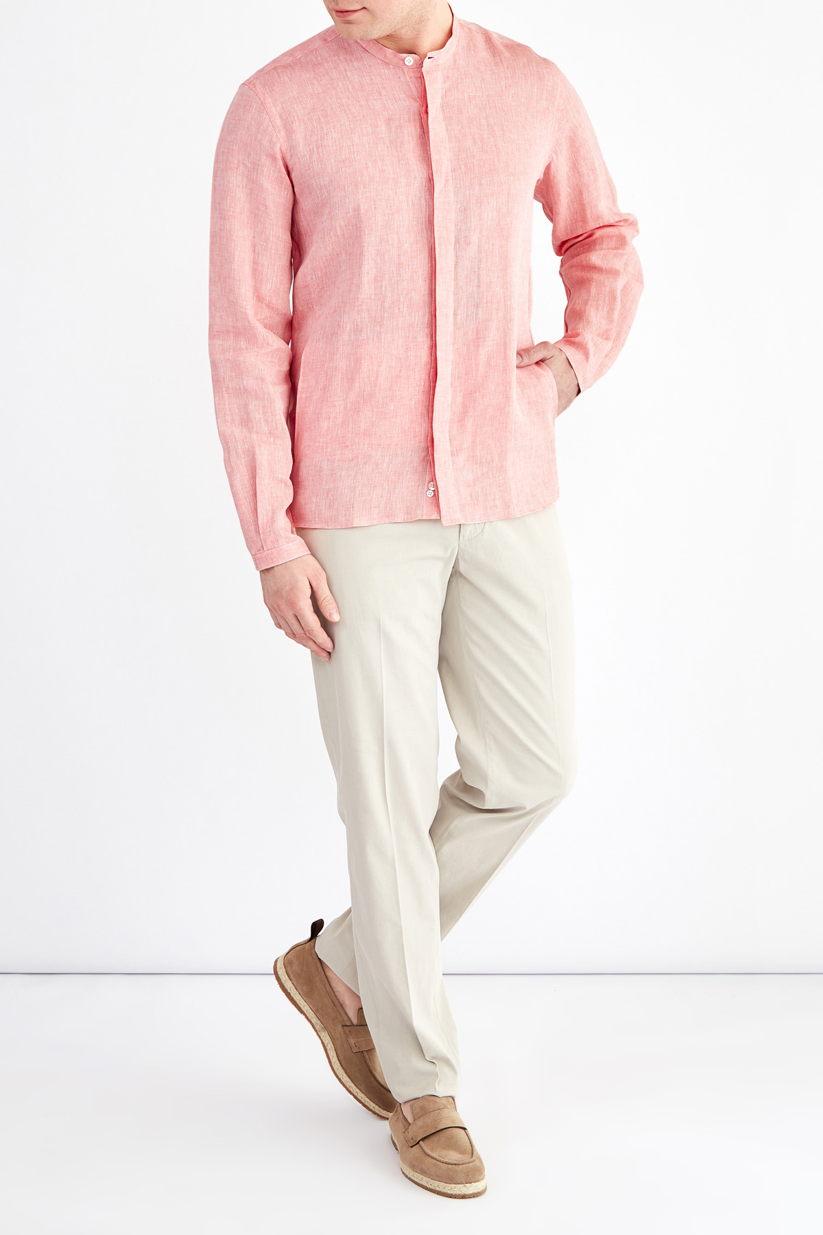 Льняная рубашка с воротником-стойкой и узкими манжетами CANALI, цвет оранжевый, размер 52;54 - фото 2