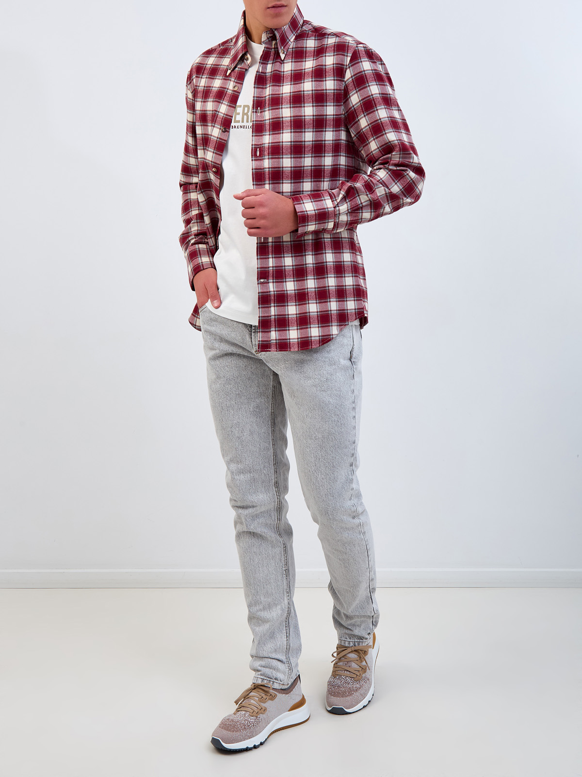 Клетчатая рубашка из хлопковой фланели с воротом button-down Красный, фото 2