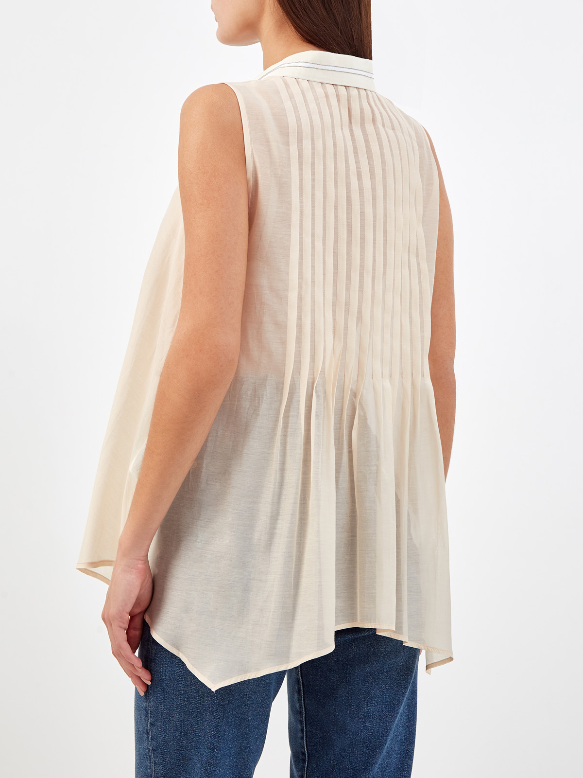 Плиссированная блуза из хлопковой и шелковой органзы с поясом PESERICO, цвет бежевый, размер 42;44;46 - фото 4