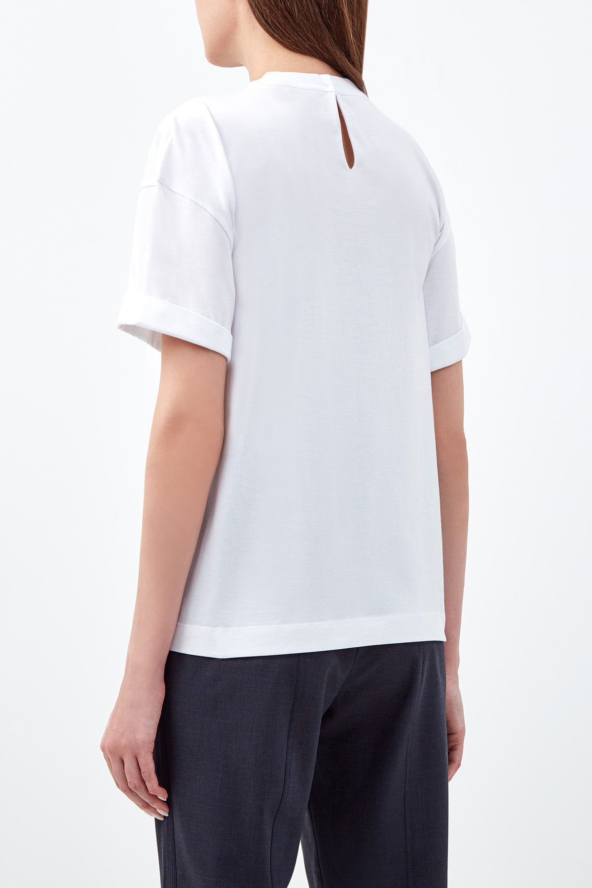 Белая футболка из гладкого джерси с мерцающей вышивкой BRUNELLO CUCINELLI, цвет белый, размер 40;46;48 - фото 4
