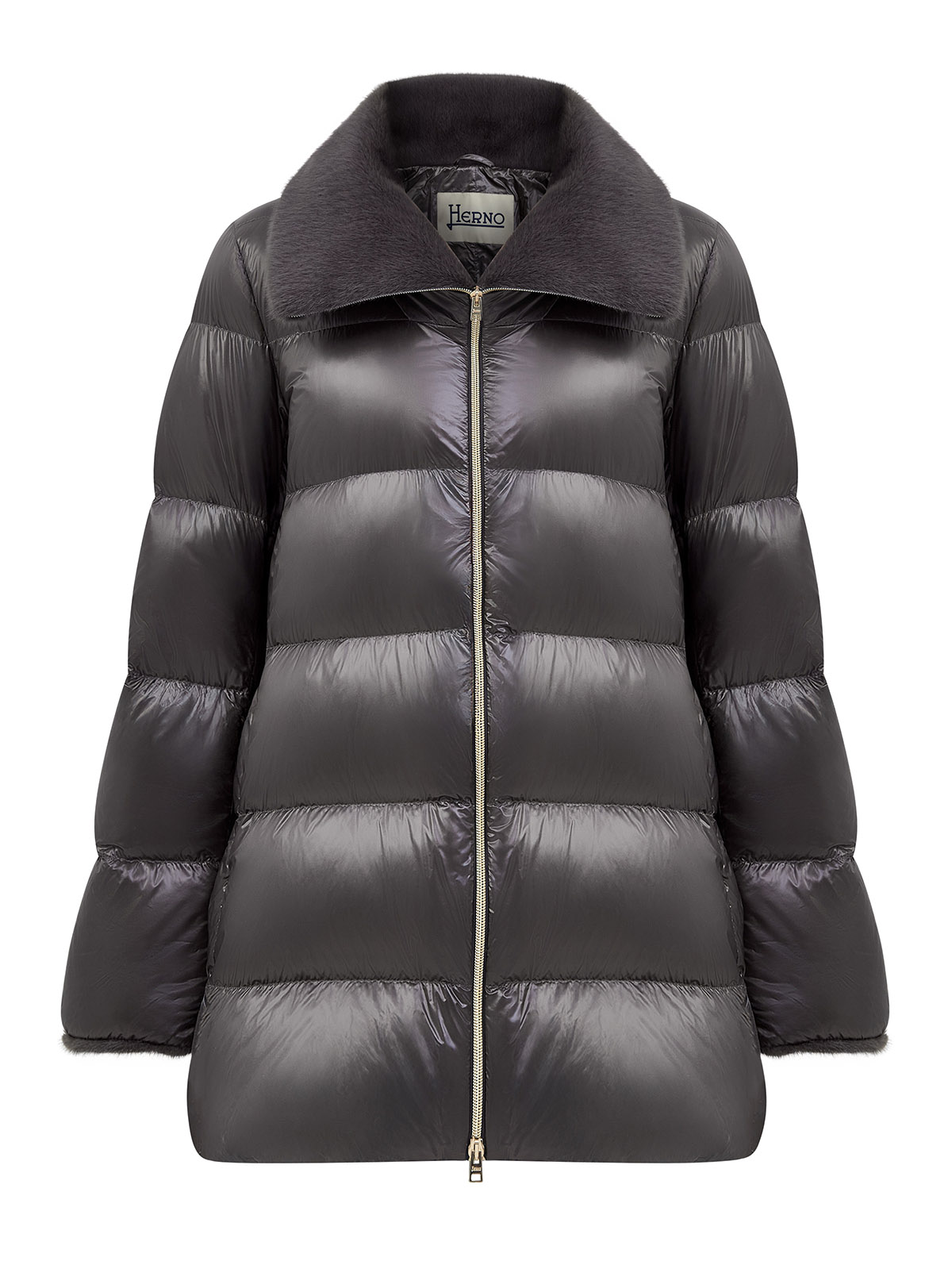 

Пуховик А-силуэта с отделкой из искусственного меха, Серый, Пуховик А-силуэта с отделкой из искусственного меха