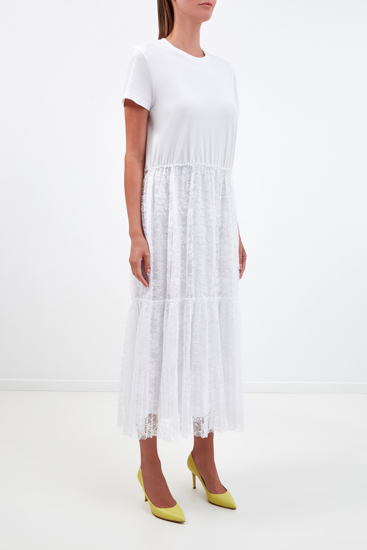Платье-футболка из хлопкового джерси с кружевным подолом-плиссе REDVALENTINO, цвет белый, размер 42;44;40 - фото 3