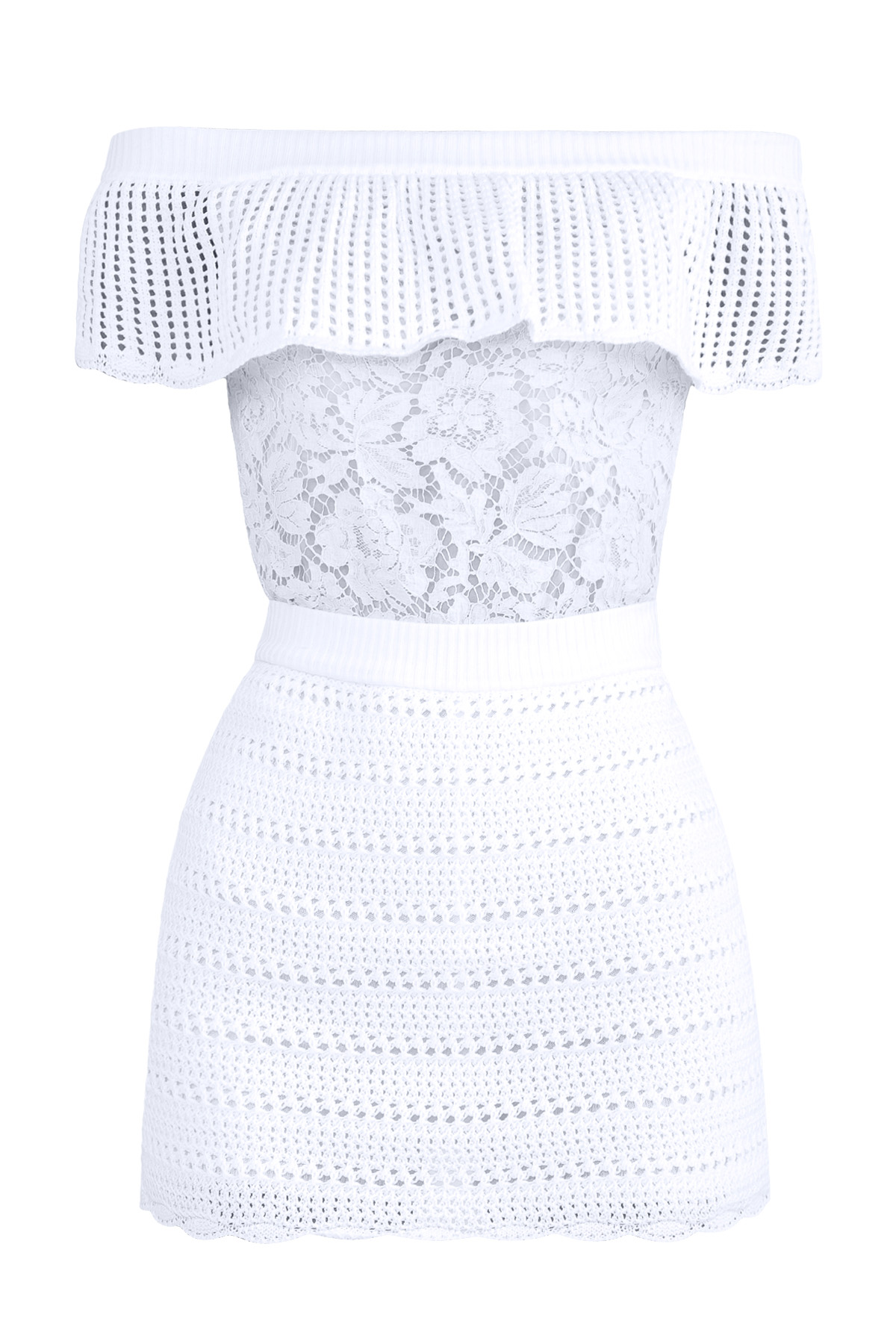 

Комбинезон из кружева с открытой линией плеч и оборкой, Белый, Комбинезон из кружева с открытой линией плеч и оборкой