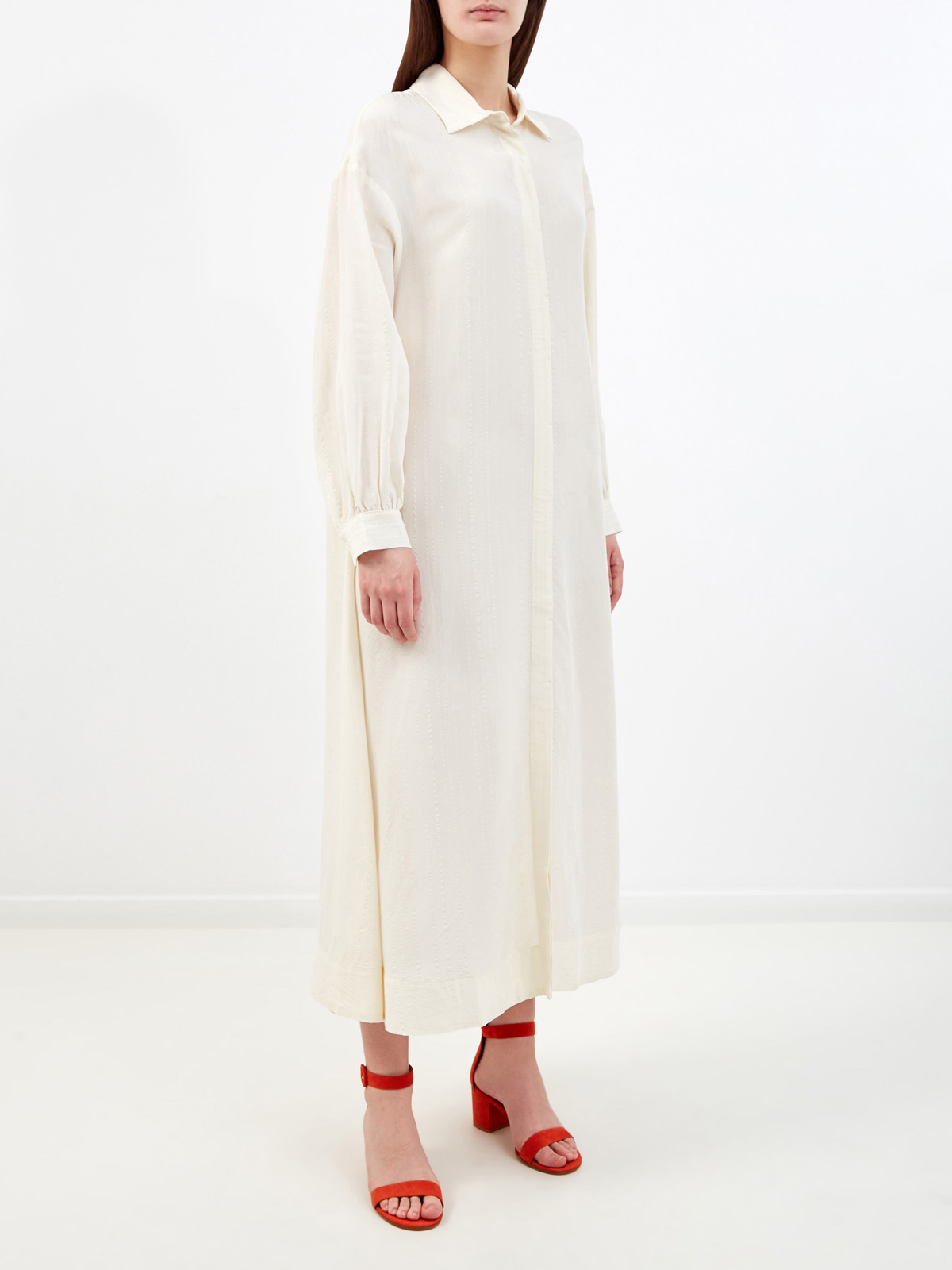 Кремовое платье-рубашка с отложным воротником и прострочкой RE VERA, цвет белый, размер M;XL;S - фото 3