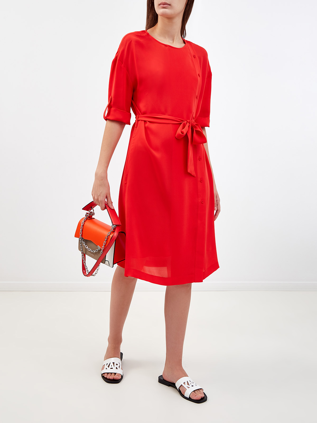 Яркое платье из шелка с поясом-лентой KARL LAGERFELD, цвет красный, размер M;XL;S - фото 2