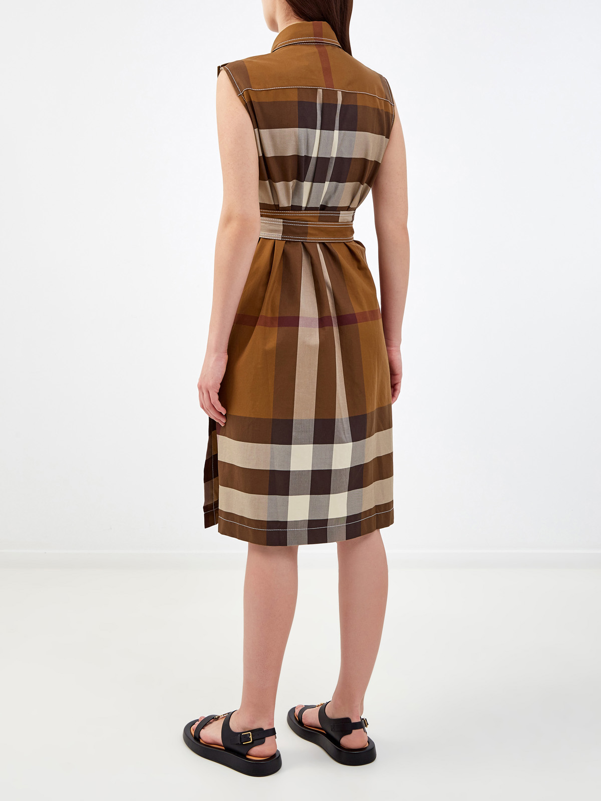 Хлопковое платье-рубашка в крупную клетку с поясом BURBERRY, цвет коричневый, размер 3XL;XL - фото 4