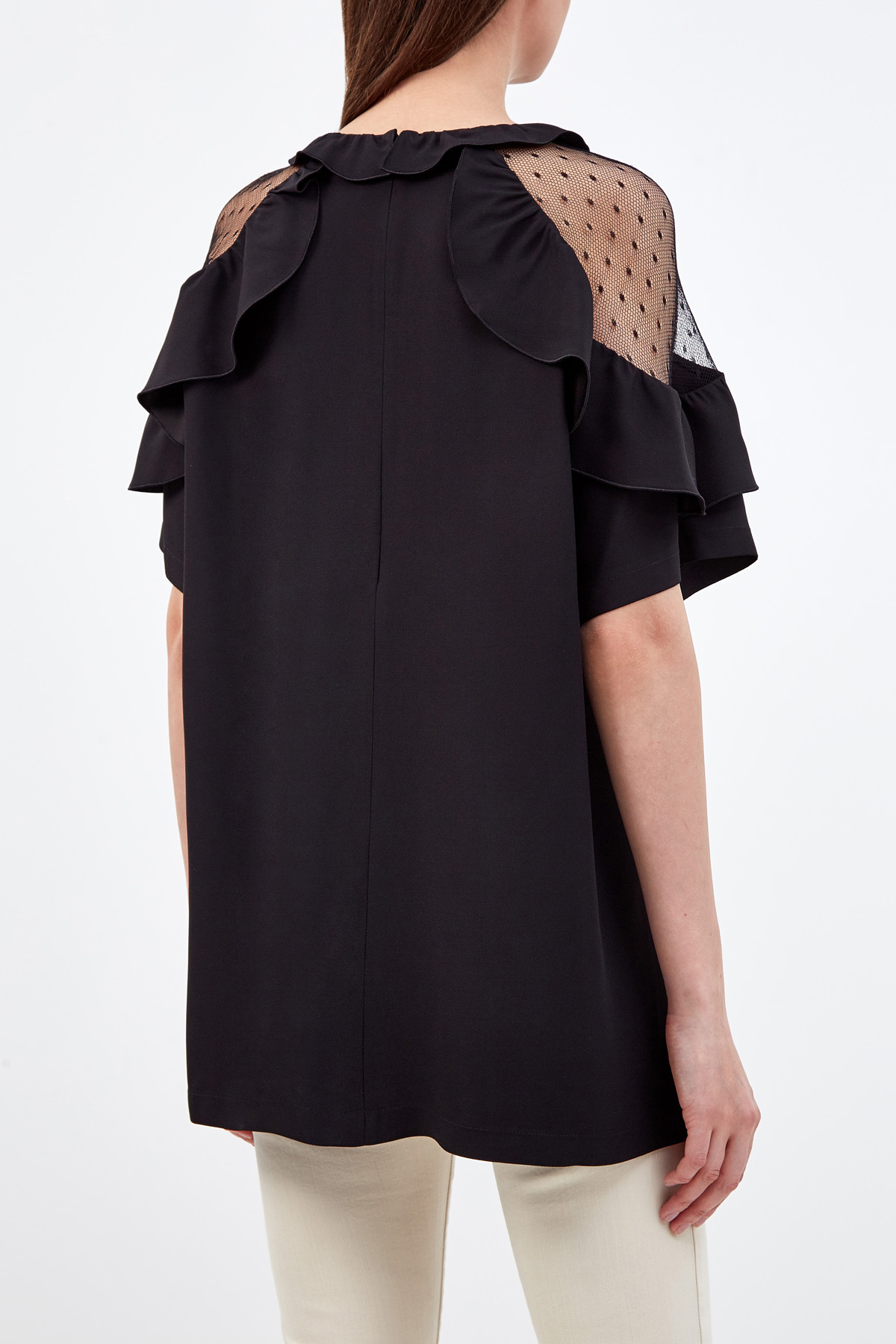 Блуза с объемными рукавами и вставками из тюля «пуэн-деспри» REDVALENTINO, цвет черный, размер 2XL;M - фото 4