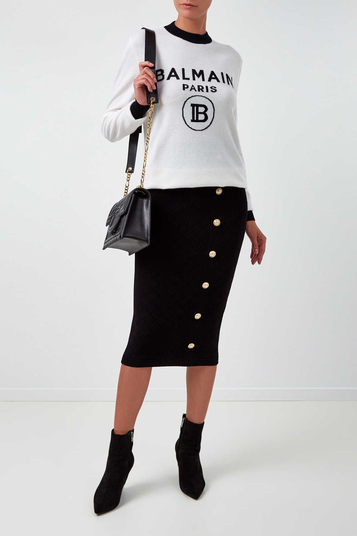 Бандажная юбка-миди из пряжи Stretch с перфорацией BALMAIN, цвет черный, размер 36;38 - фото 2