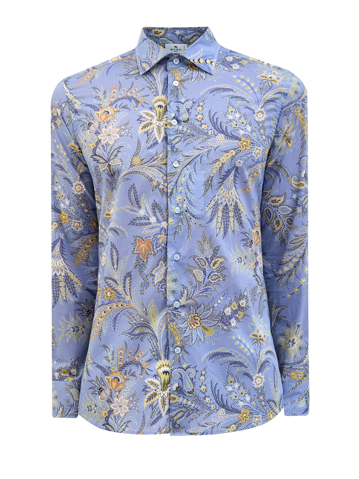 Рубашка из гладкого хлопкового поплина с флористическим принтом ETRO, цвет голубой, размер 50;52;56;60;64