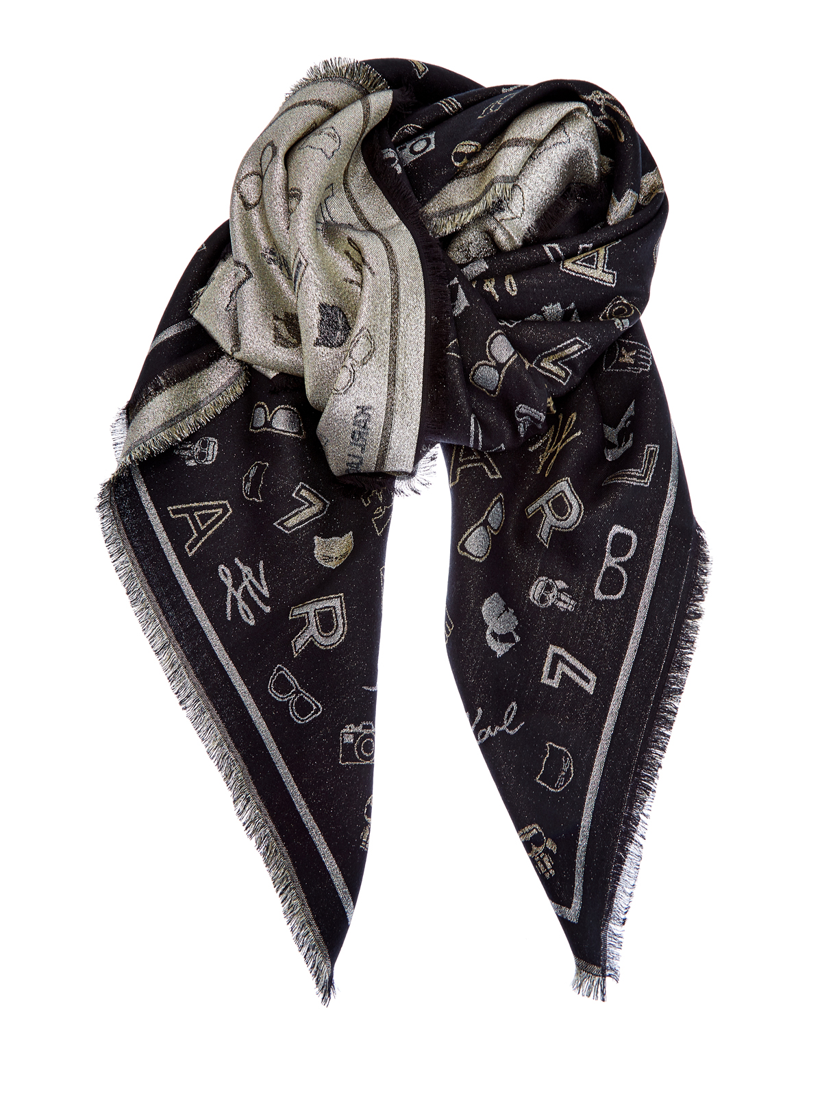 Квадратный шарф из шерсти и микромодала с принтом K/Ikonik KARL LAGERFELD, цвет черный, размер S;L