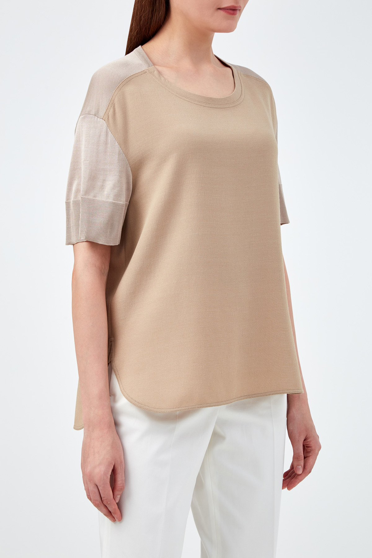 Блуза из шерстяной ткани и шелкового трикотажа AGNONA, цвет бежевый, размер 44;46 - фото 3