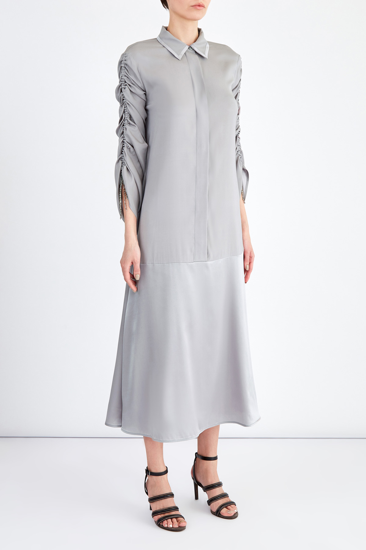 Платье-рубашка из двух видов шелка с кристаллами на подвесках LORENA ANTONIAZZI, цвет серый, размер 42 - фото 3