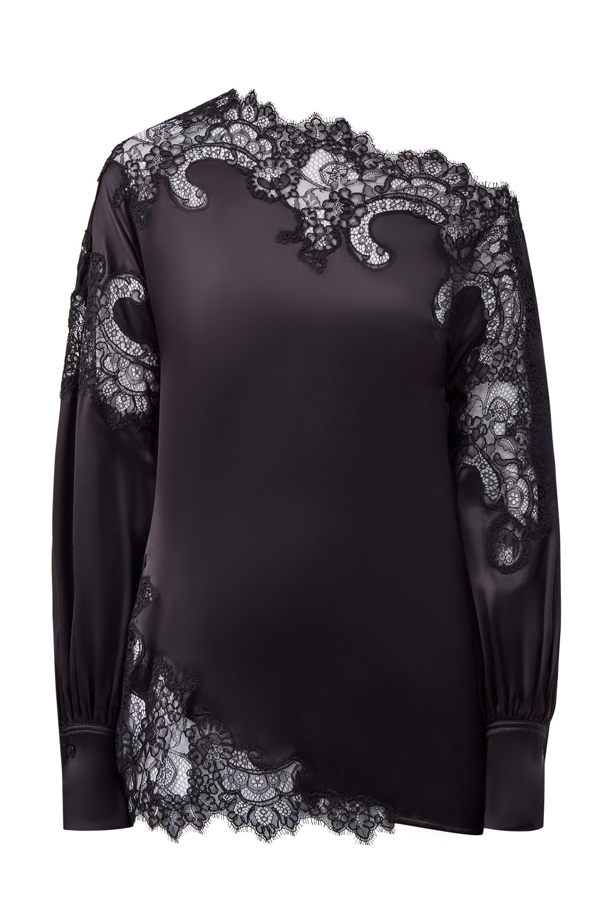 Блуза из шелкового атласа с кружевной отделкой ERMANNO SCERVINO, цвет черный, размер 40;38 - фото 1