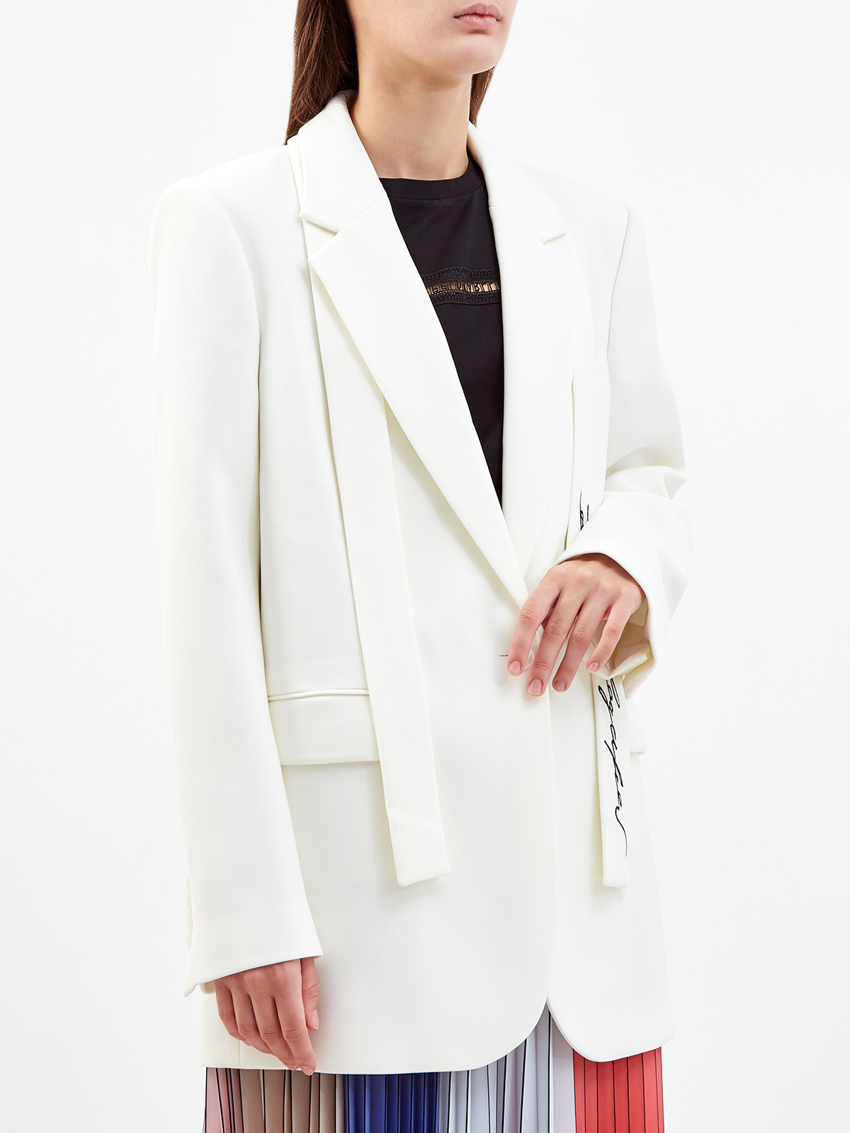 Блейзер в мужском стиле из саржи с поясом-галстуком KARL LAGERFELD, цвет белый, размер XL - фото 3