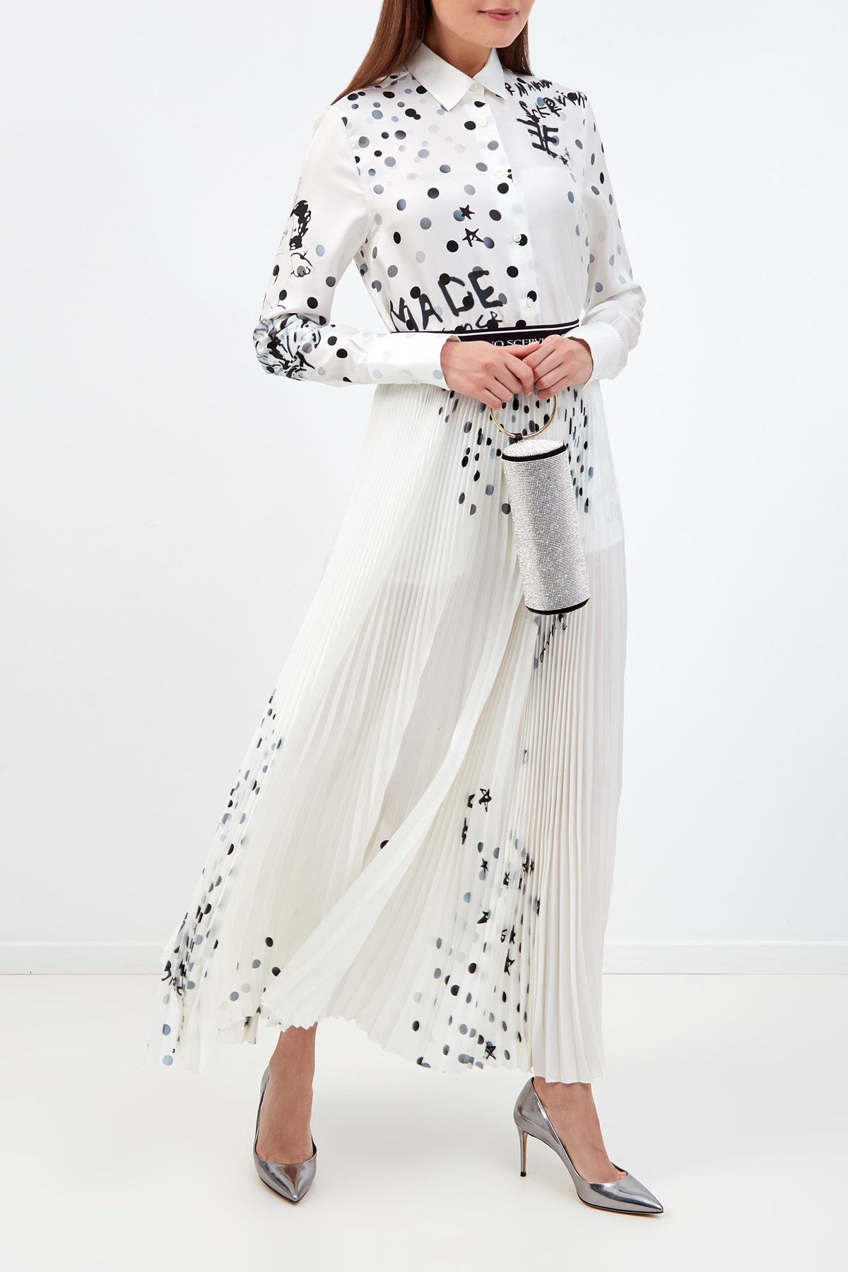 Плиссированная юбка-макси из шелкового крепдешина с абстрактным принтом ERMANNO SCERVINO, цвет белый, размер 40;42;44 - фото 2