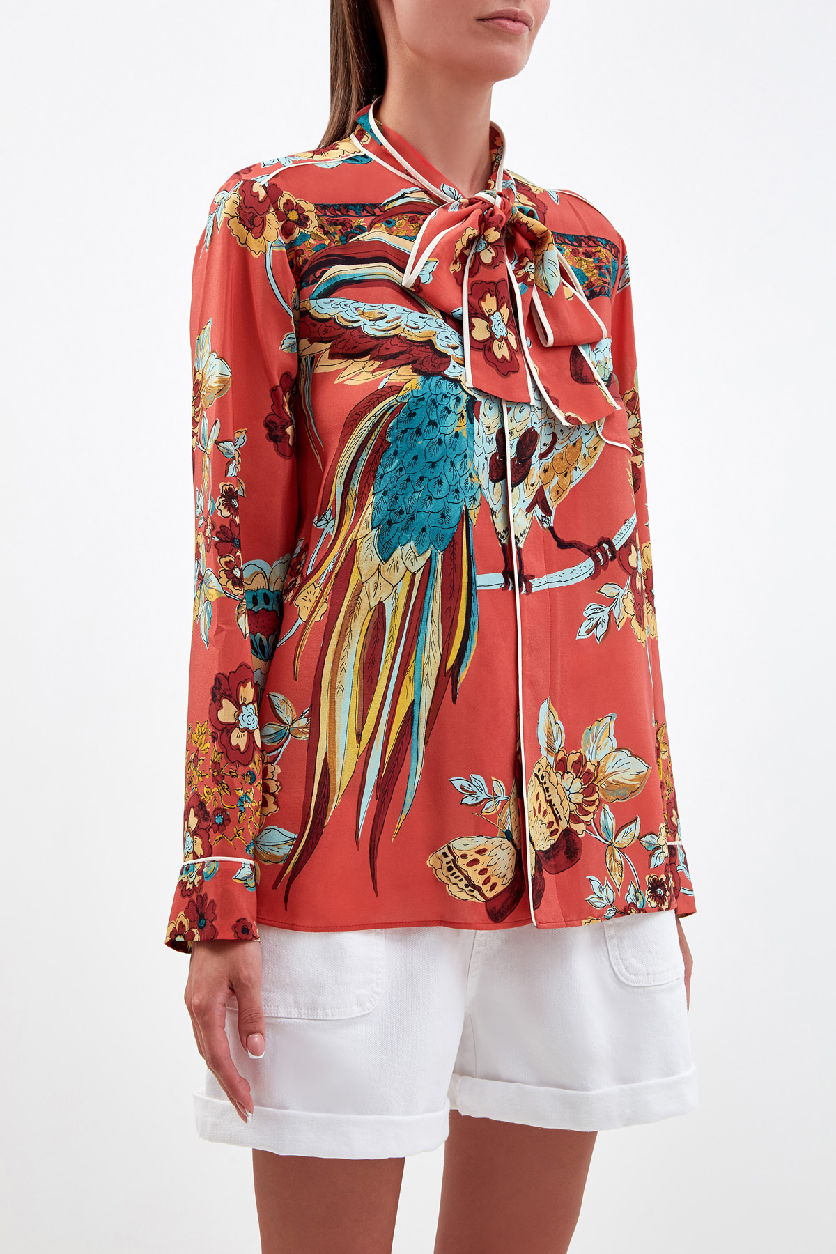Блуза из шелкового крепдешина с принтом Bird of Paradise REDVALENTINO, цвет красный, размер XL - фото 3