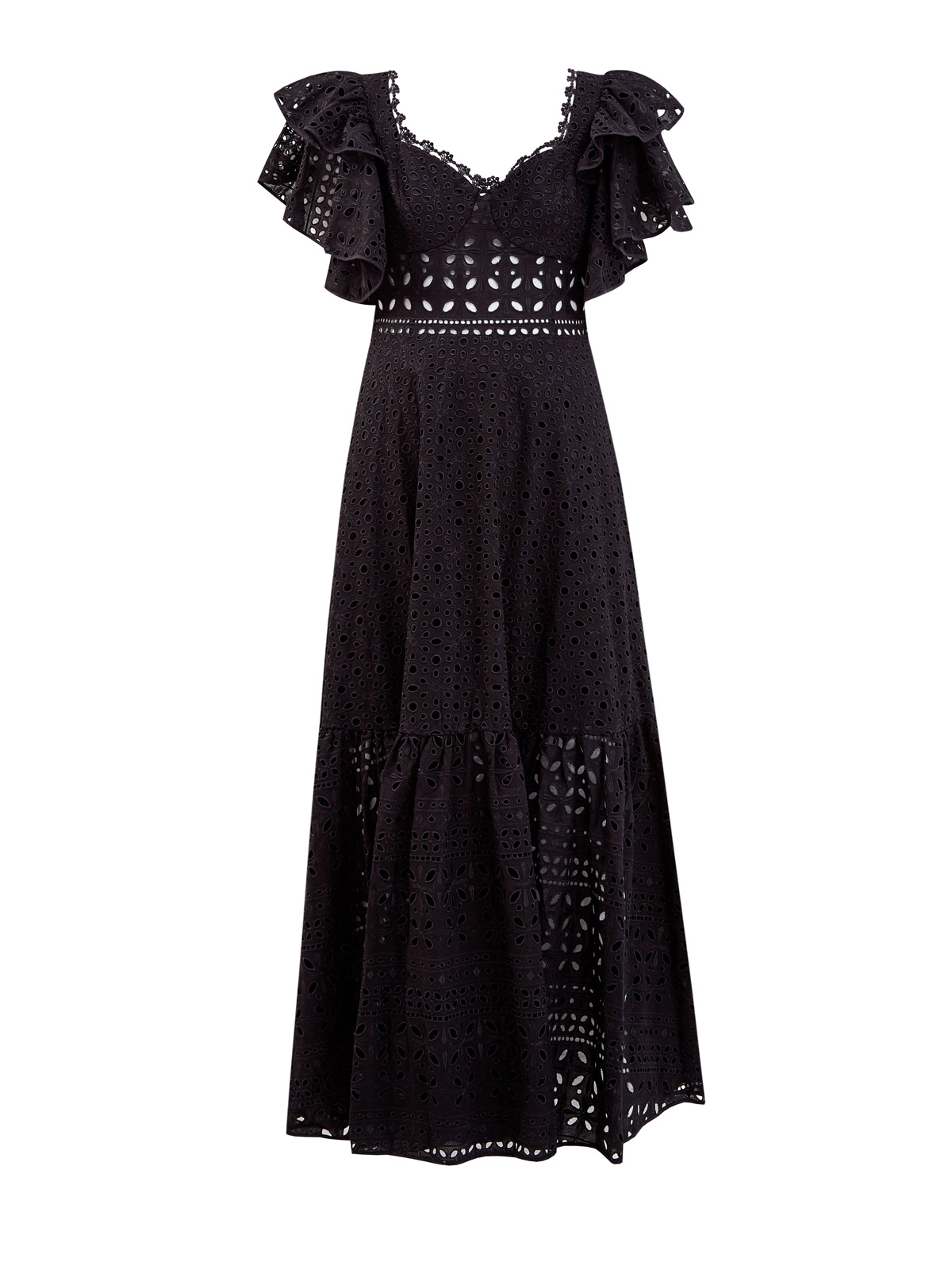 Кружевное платье-макси с широким поясом и оборками CHARO RUIZ IBIZA, цвет черный, размер S - фото 1