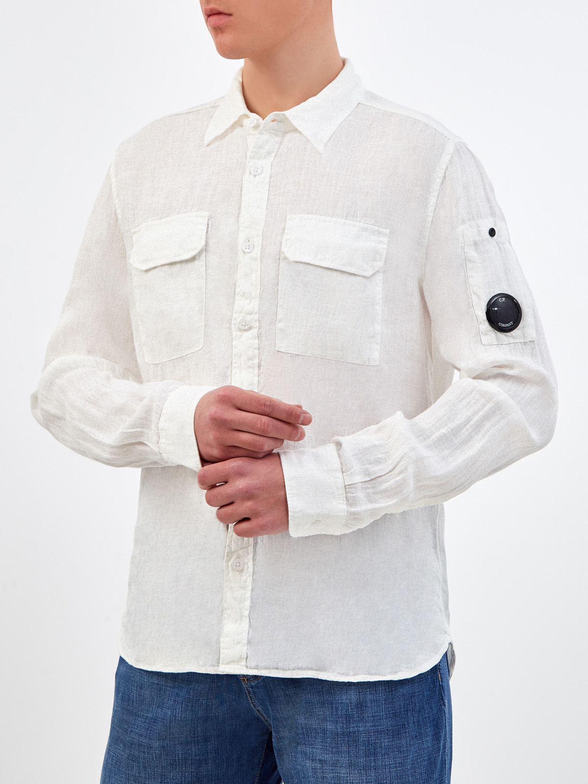 Льняная рубашка с регулируемыми манжетами и линзой C.P. C.P.COMPANY, цвет белый, размер M;L;XL;2XL - фото 3