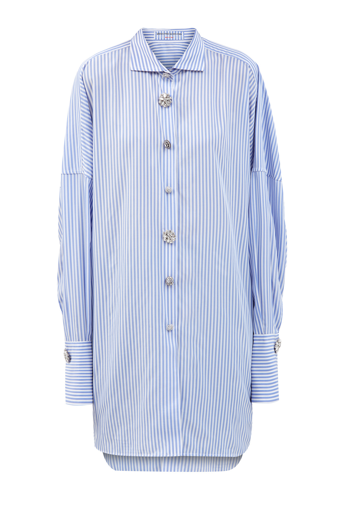 Удлиненная рубашка из легкого купро с объемными рукавами и принтом в полоску ERMANNO SCERVINO, цвет голубой, размер 40;44
