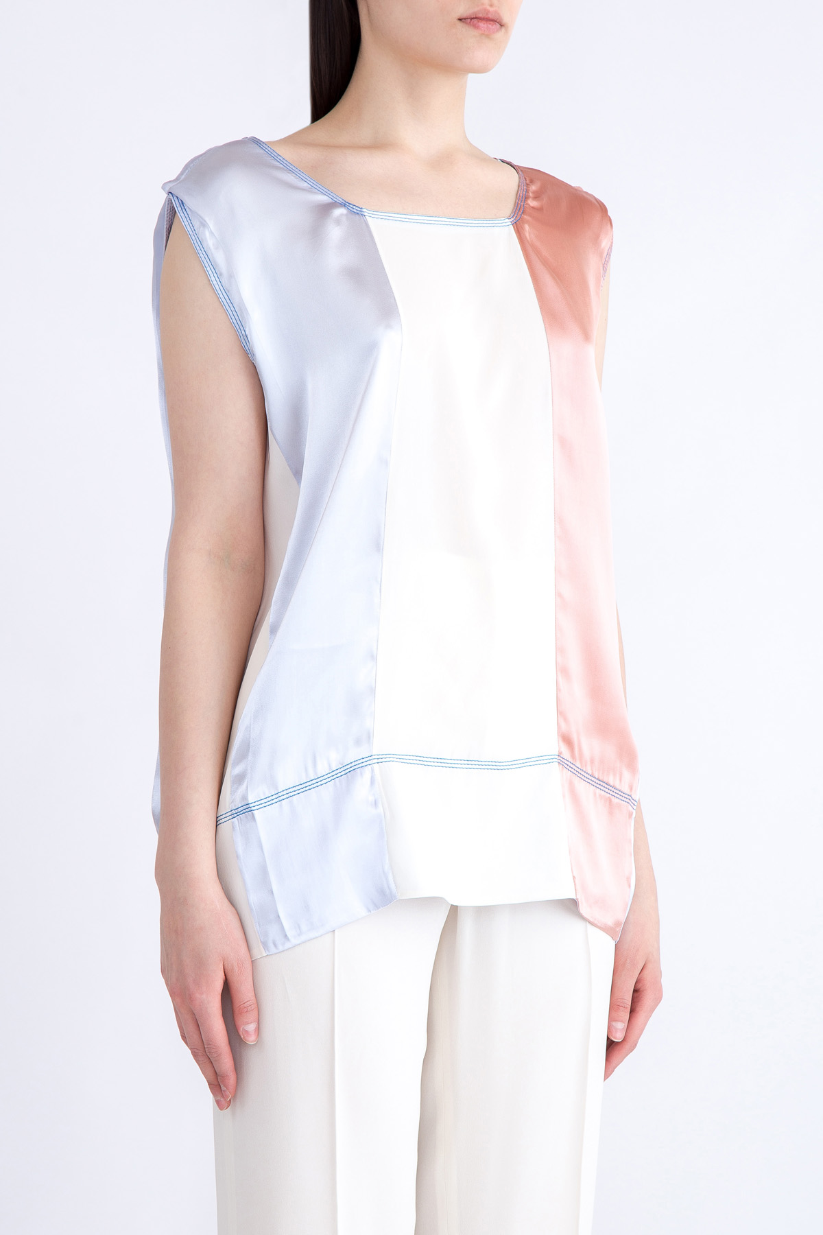 Блузка без рукавов из струящейся атласной ткани с контрастной строчкой MARNI, цвет мульти, размер 40;42;44 - фото 3