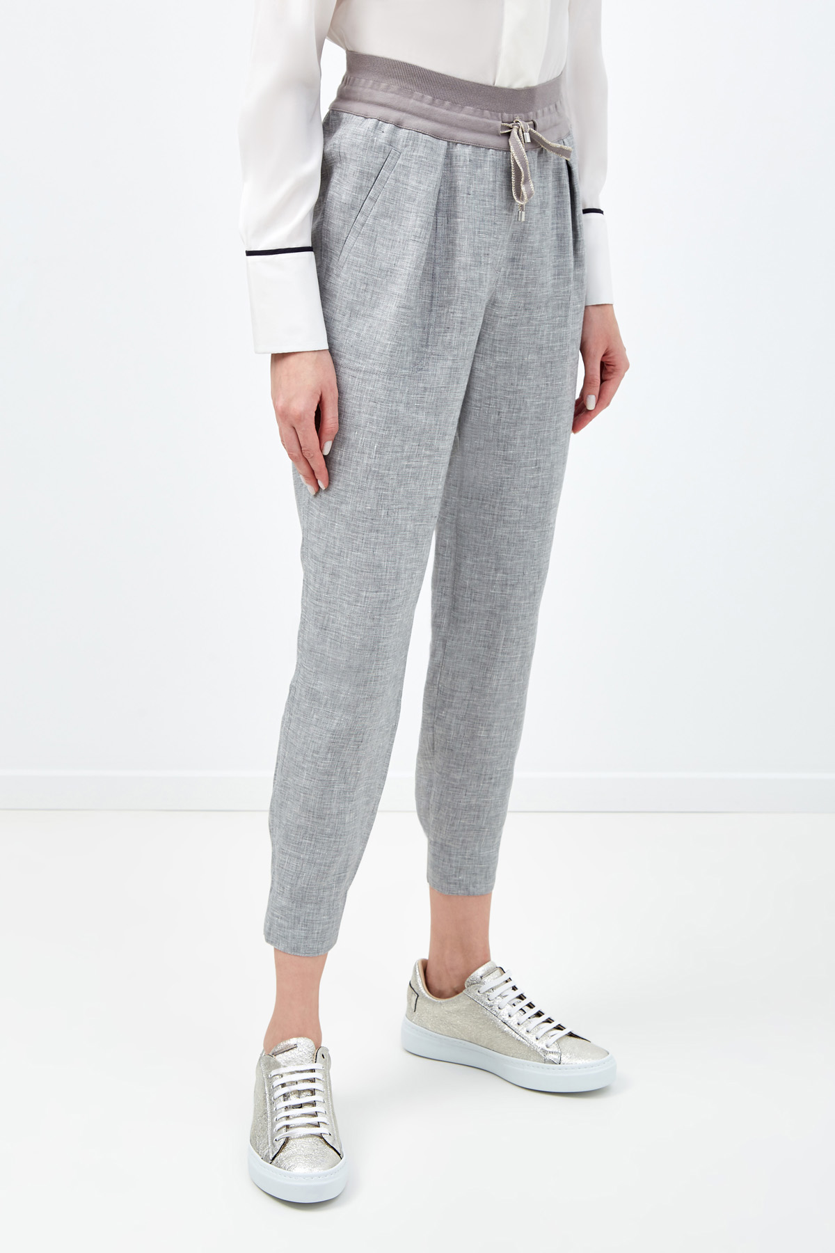 Льняные брюки с отделкой из фирменного джерси LORENA ANTONIAZZI, цвет серый, размер 38 - фото 3