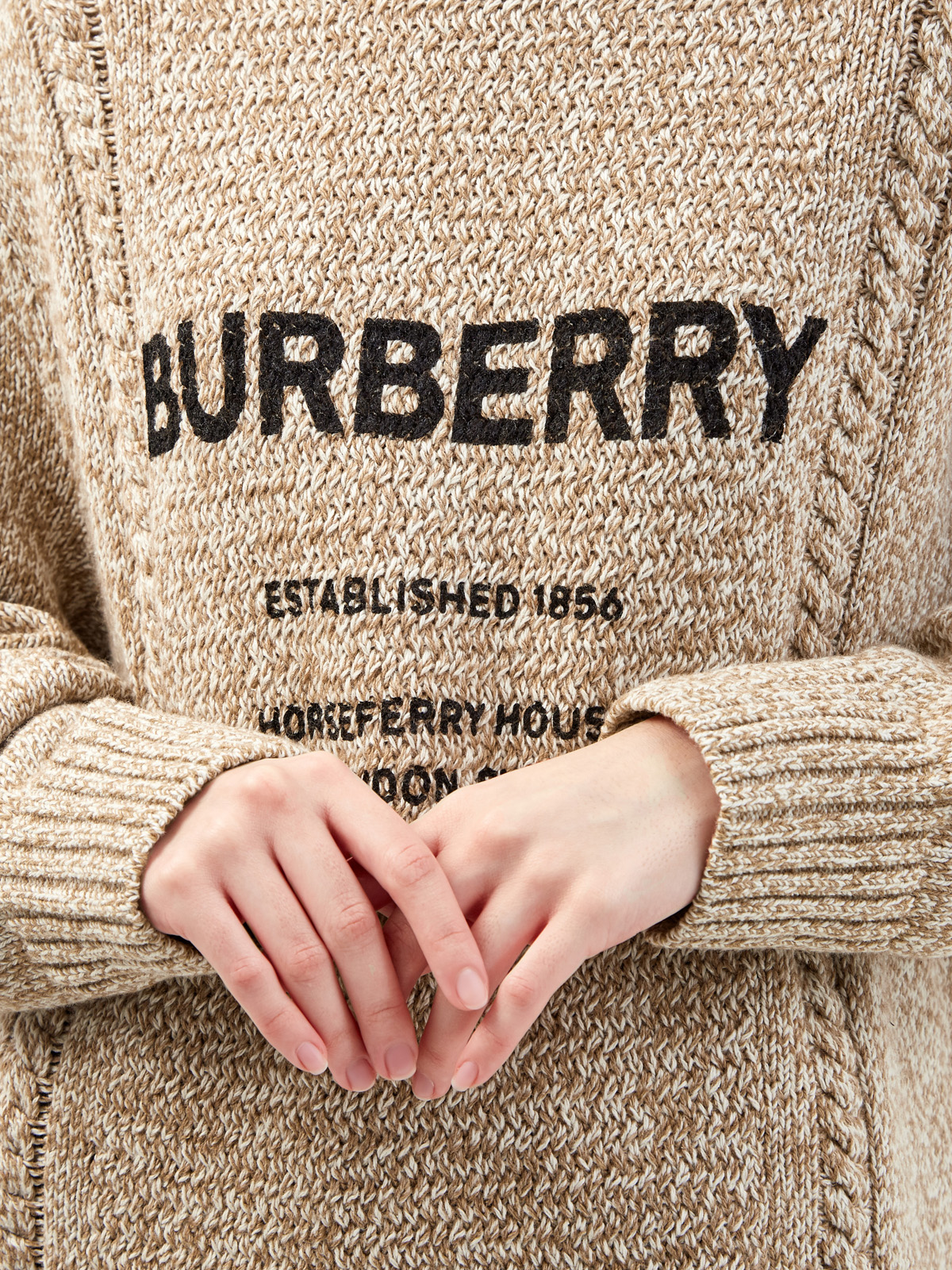 Удлиненный джемпер из шерсти и хлопка с принтом Horseferry BURBERRY, цвет бежевый, размер 42 - фото 5