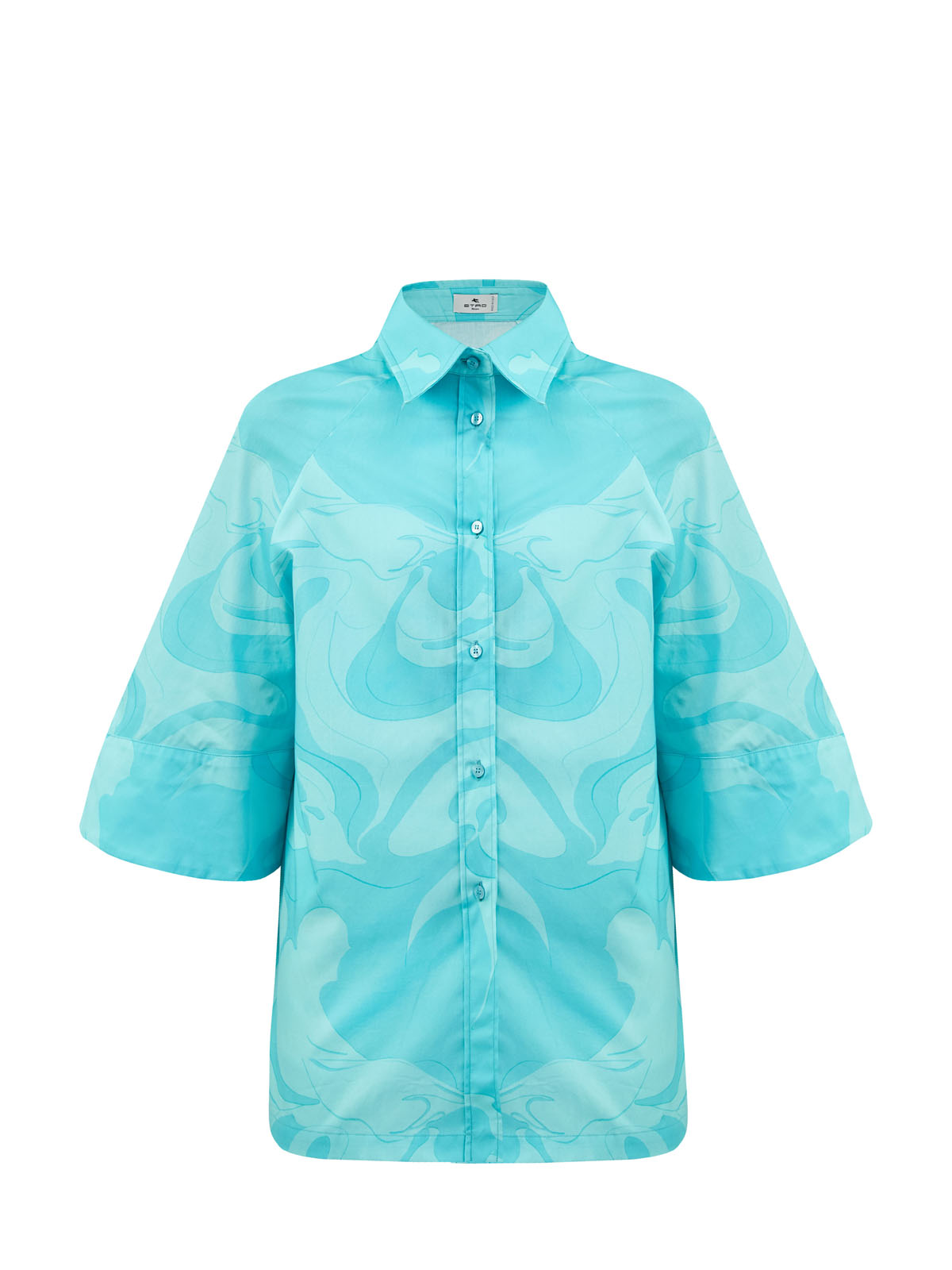 Свободная рубашка из тонкого хлопкового поплина с принтом ETRO голубого цвета