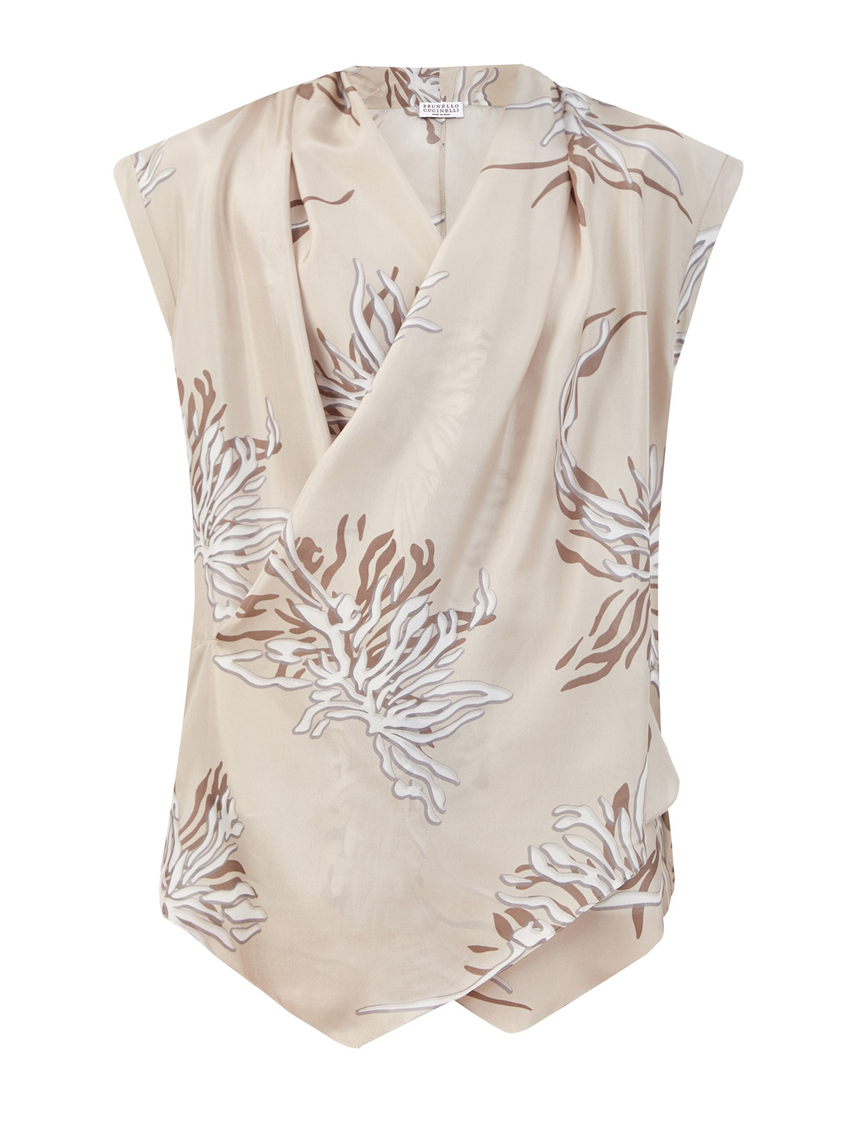 Блуза Wrap из шелкового эпонжа с принтом Marine Flower BRUNELLO CUCINELLI, цвет бежевый, размер 42