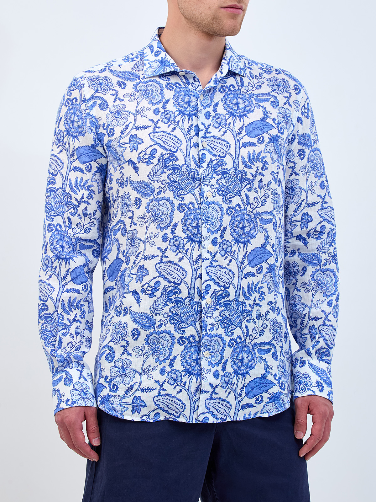 Рубашка из дышащей льняной ткани с флористическим принтом MC2 SAINT BARTH, цвет голубой, размер 48;50;52;54;56 - фото 3