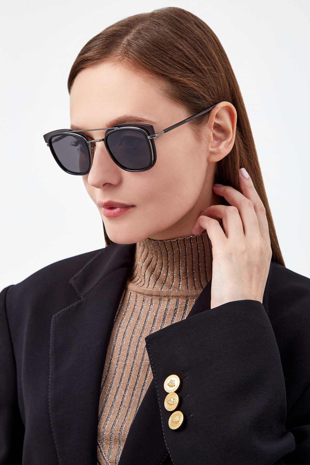 Очки в квадратной трехслойной оправе FENDI (sunglasses), цвет черный, размер XL - фото 2