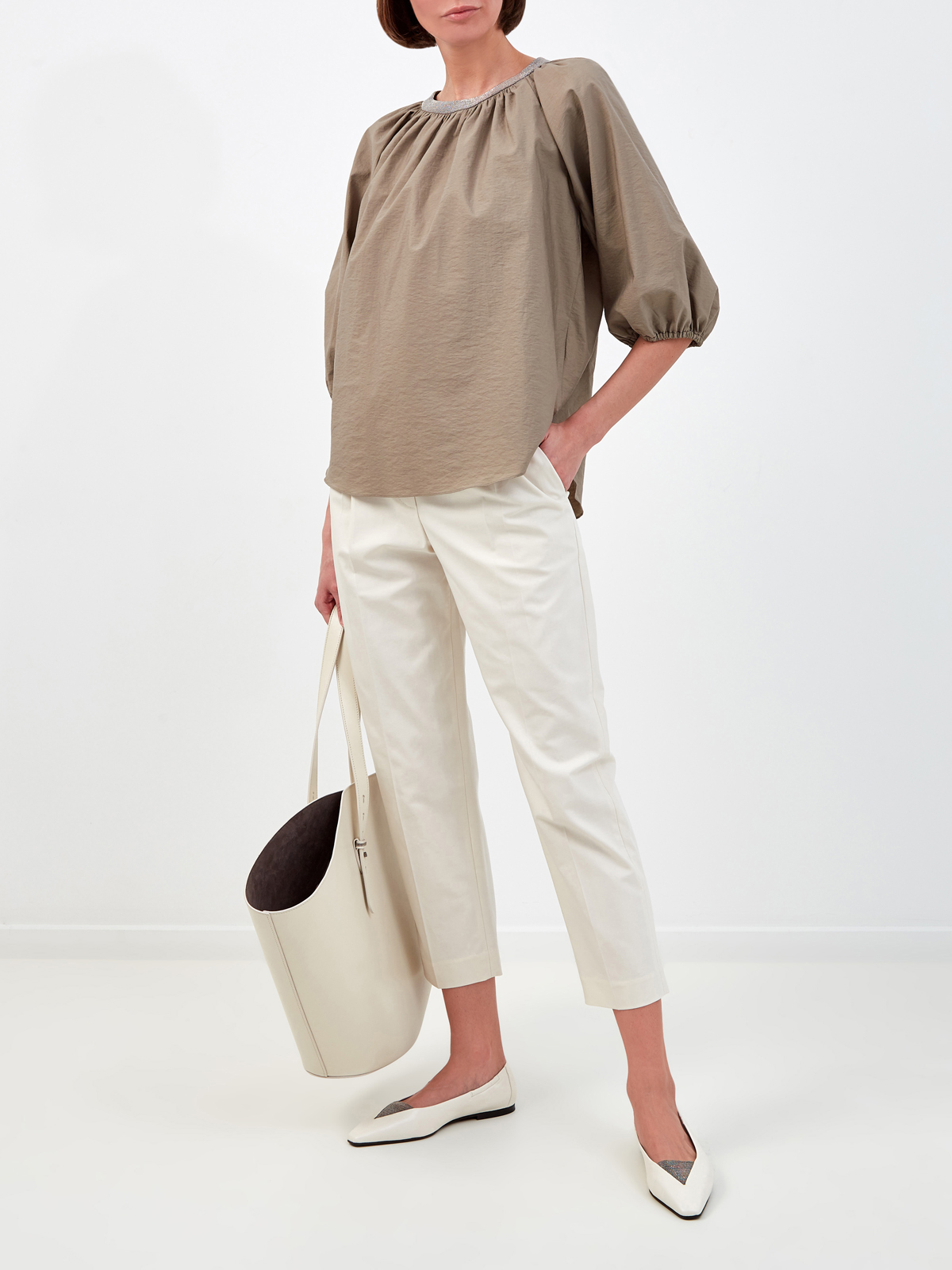 Блуза с мерцающим декором Мониль и архитектурными рукавами BRUNELLO CUCINELLI, цвет коричневый, размер 42;44;46;40 - фото 2
