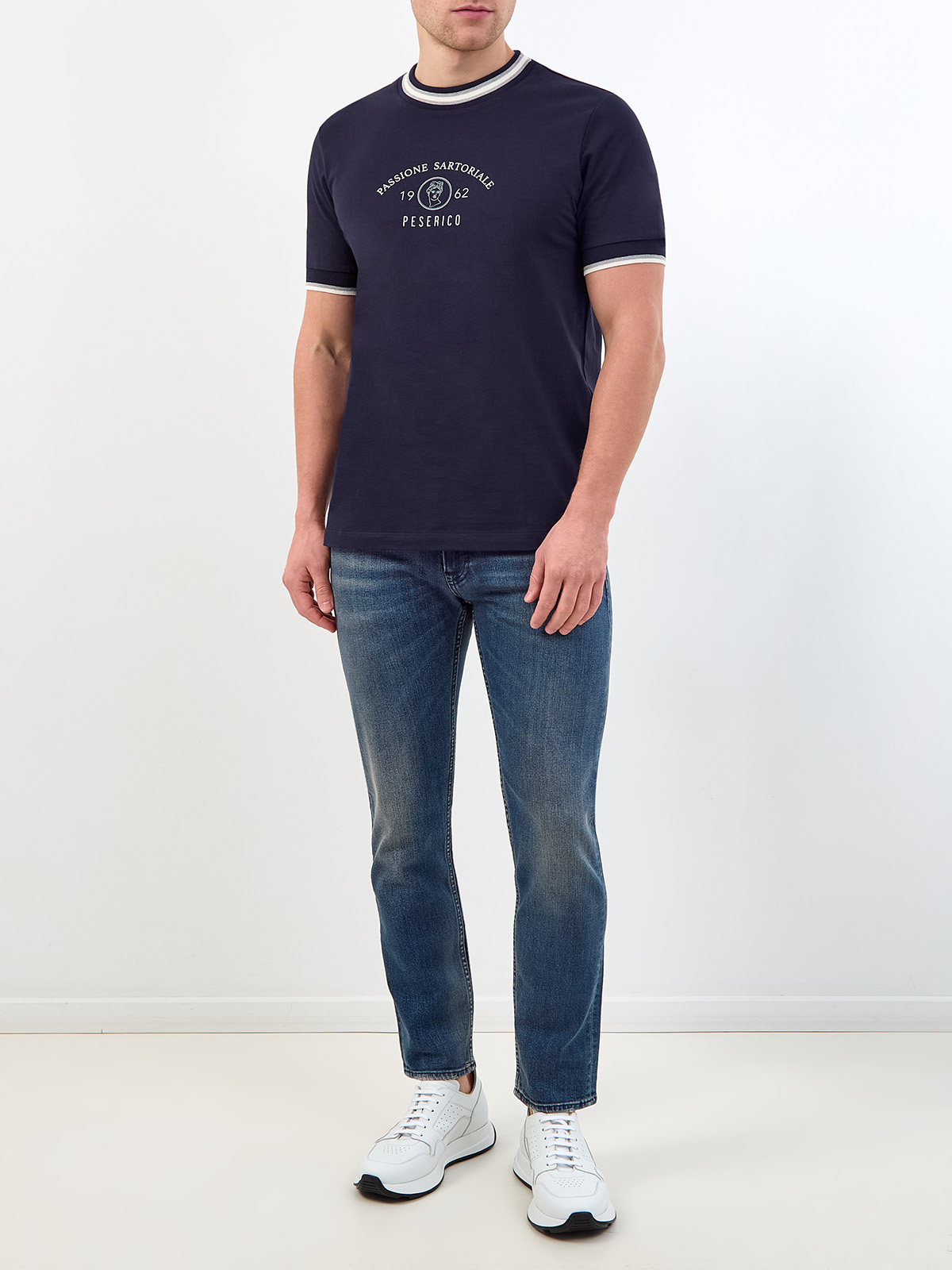 Хлопковая футболка с контрастной отделкой и принтом PESERICO, цвет синий, размер 48 - фото 2