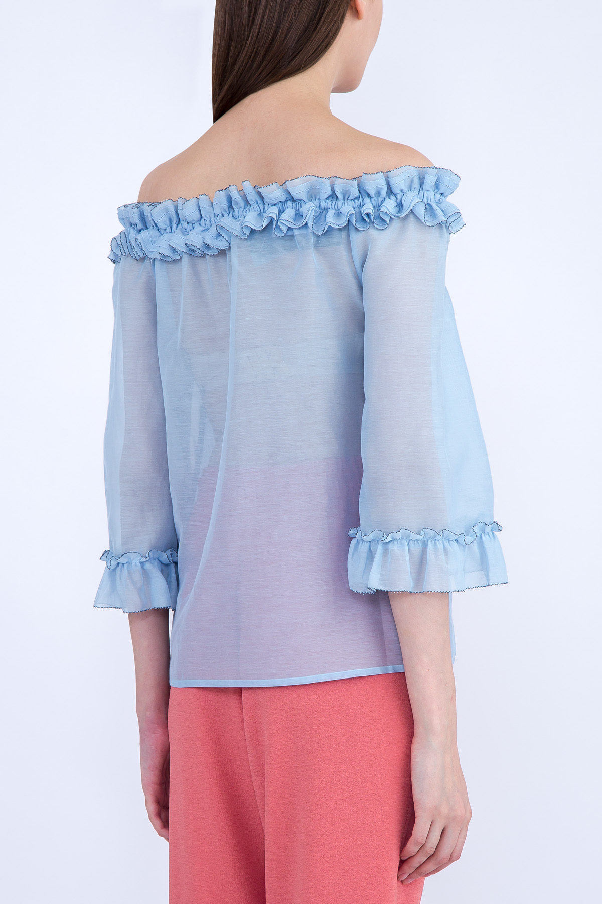 Легкая блузка с открытыми плечами и оборками на кромках BLUMARINE, цвет голубой, размер 40 - фото 4
