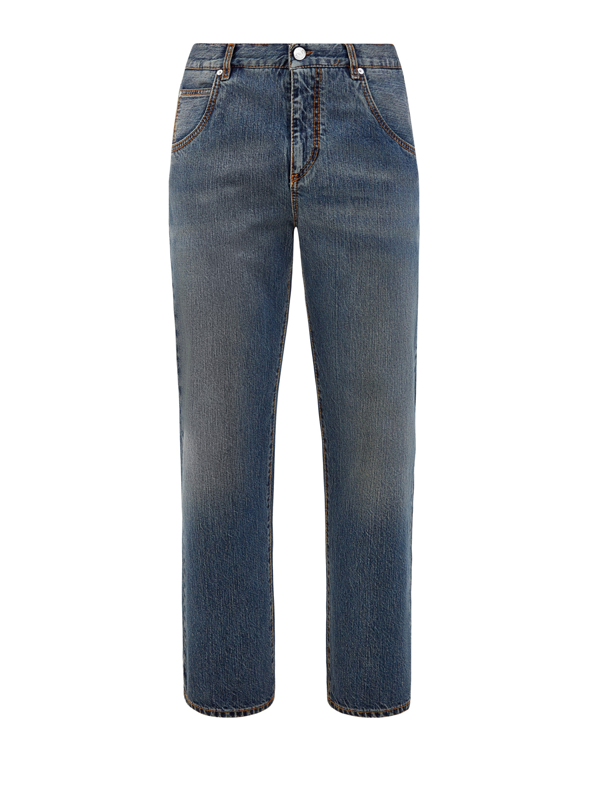 Свободные джинсы с контрастной прострочкой и вышитым логотипом ETRO синего цвета