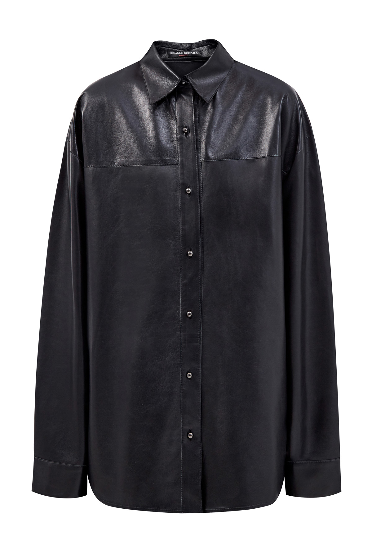 Удлиненная рубашка-oversize ручной работы из глянцевой кожи ягненка ERMANNO SCERVINO, цвет черный, размер 40;42