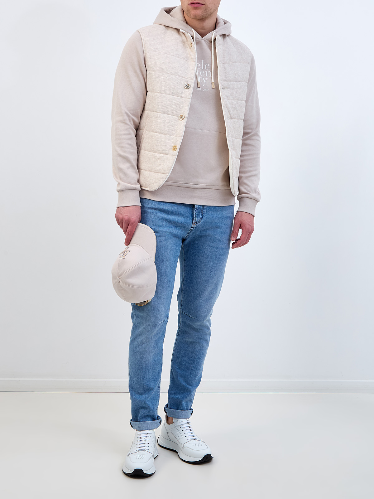 Хлопковое худи с минималистичным принтом и капюшоном на кулиске ELEVENTY, цвет бежевый, размер 48;50;52 - фото 2
