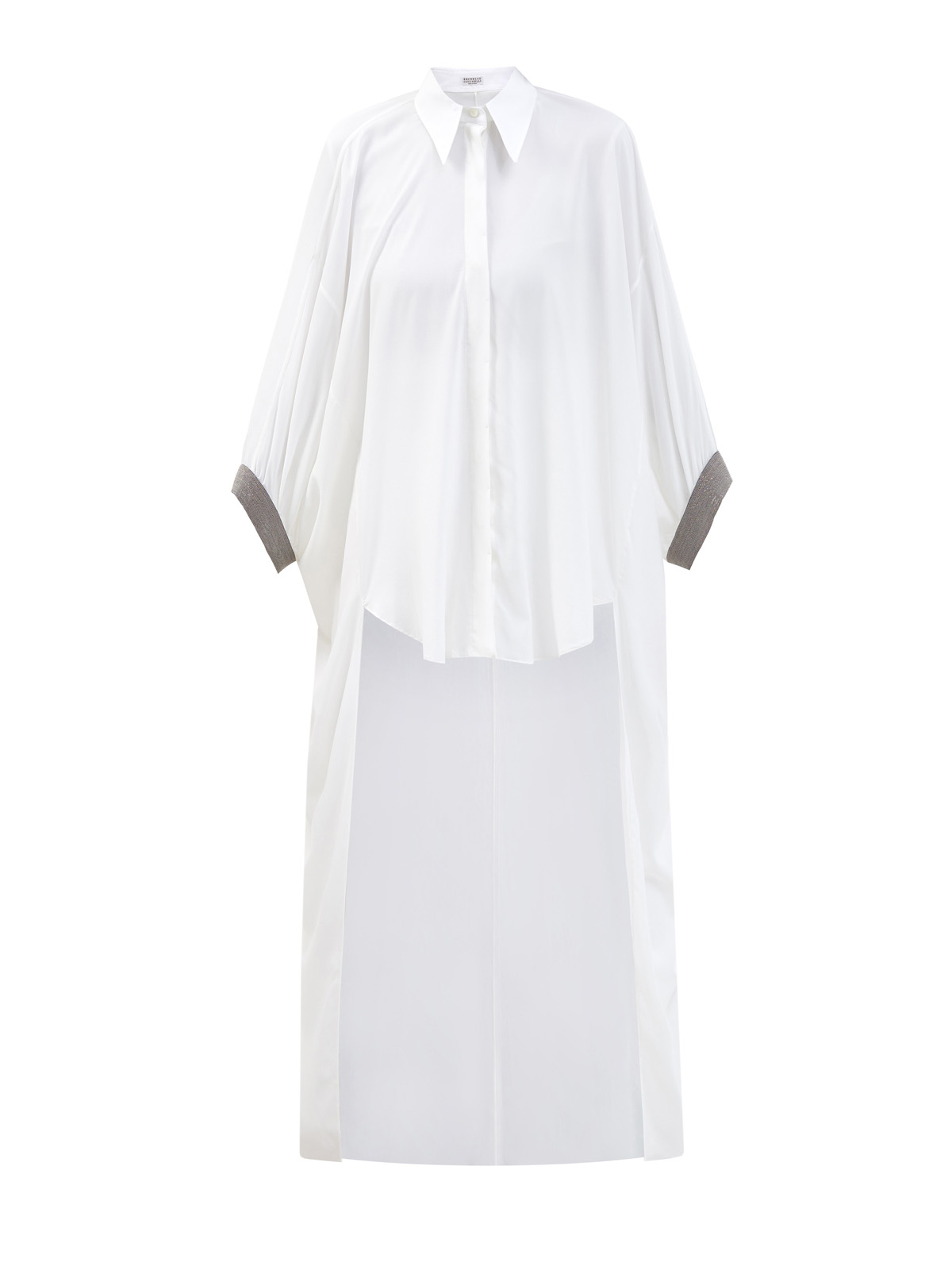 Шелковая рубашка Tunic с удлиненной спинкой и мерцающими манжетами BRUNELLO CUCINELLI, цвет белый, размер 42;40
