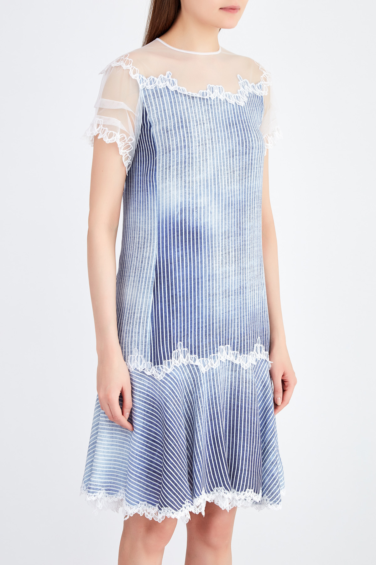 Платье из ткани марокен с отрезным подолом и кружевной отделкой ERMANNO SCERVINO, цвет голубой, размер 40;42 - фото 3