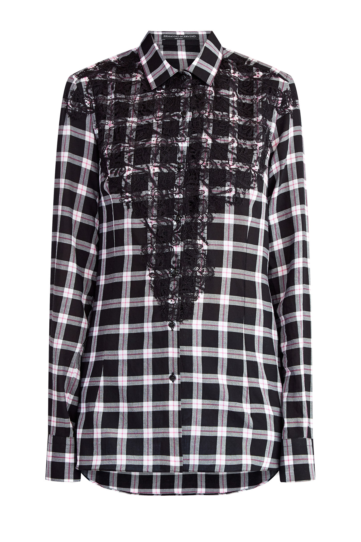 Приталенная рубашка из хлопка с отделкой кружевом ручной работы ERMANNO SCERVINO, цвет черно-белый, размер 40;44 - фото 1