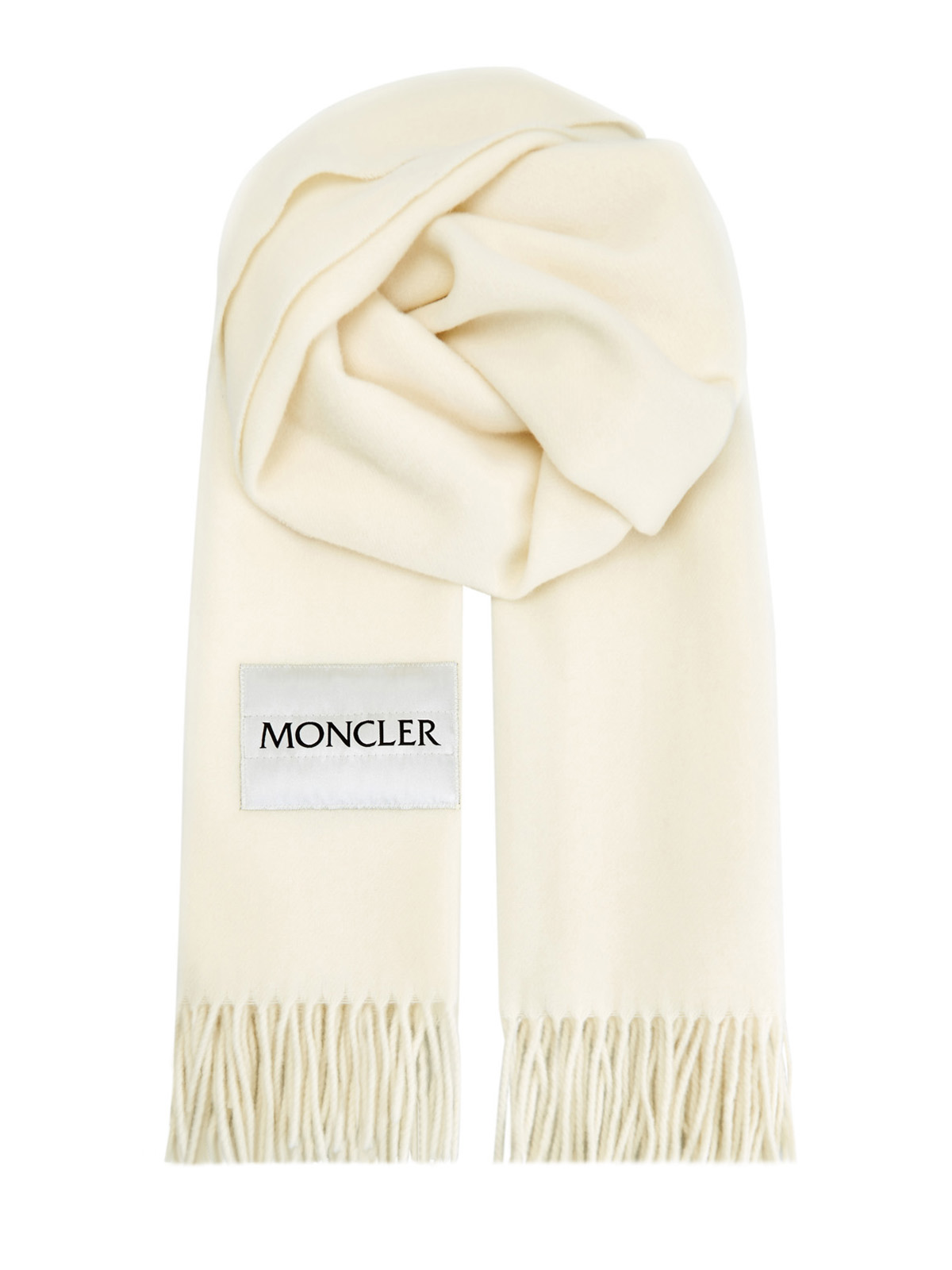 Объемный шарф из шерсти с длинной бахромой и нашивкой MONCLER, цвет белый, размер M;L;XL