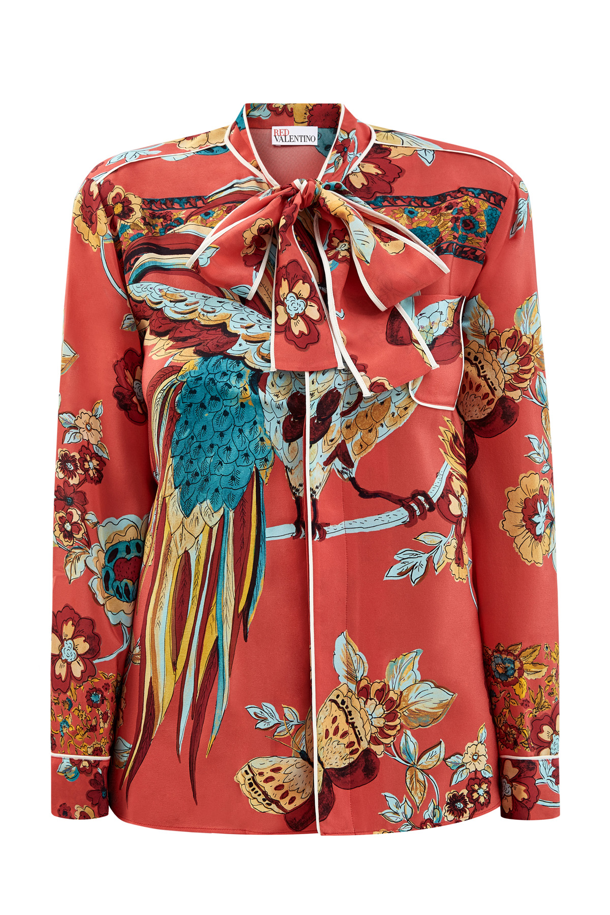 Блуза из шелкового крепдешина с принтом Bird of Paradise REDVALENTINO, цвет красный, размер XL - фото 1