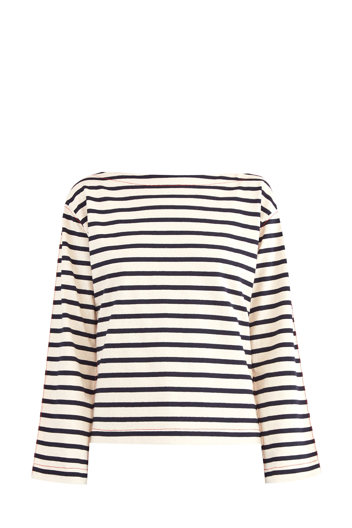 

Футболка в черно-белую полоску с фигурными разрезами и алой строчкой, Бежевый